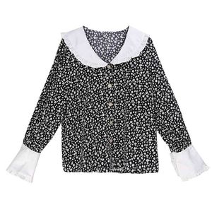 Zwart Shirt Button Floral Print Ruche Peter Pan Collar Flare Lange Mouwen Top Korea Japan B0757 210514
