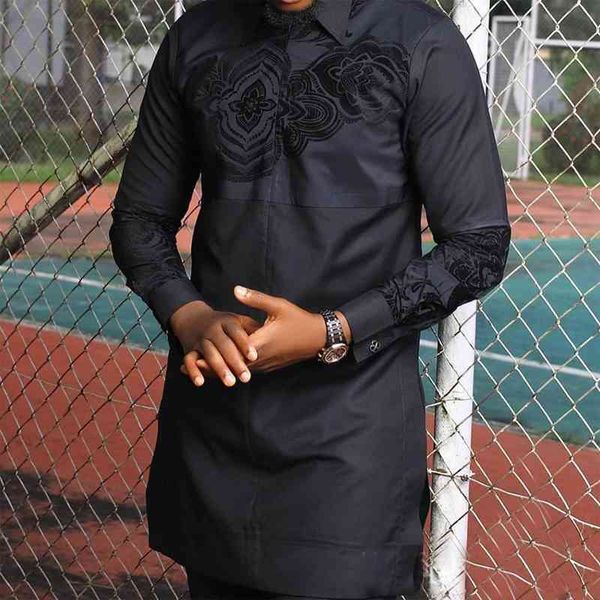 Chemise noire Hommes Style African Slim Robe longue Hommes Vêtements Ethniques Dashiki Camisas Plus Taille Bazin Tops Imprimer T-shirts 210524