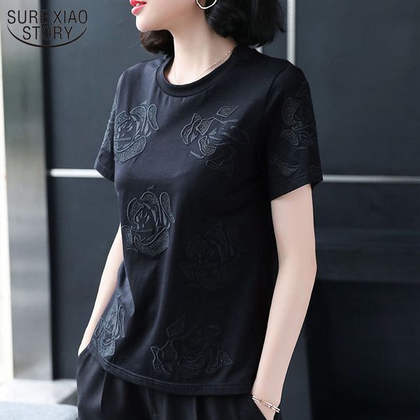 Camisa negra de mujer de algodón básico de alta calidad con bordado de rosas de talla grande T de manga corta de verano para mujer Casual 13553 210508