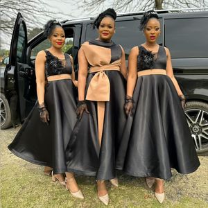 Zwarte korte enkellange bruidsmeisjekleding Afrikaanse Nigeria bruidsmeisjesjurk satijnen jassen voor Arabische zwarte vrouwen bruiloftsgastkleding NR034