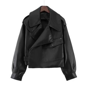 Noir Court Lâche Pu Veste En Cuir Automne Hiver Doux Faux Street Casual Outwear Dames Biker 199H 210420