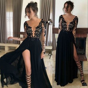 Black Side-Split Chiffon Prom Dresses Sexy Sheer Juweel Hals Lange Mouwen Applique Party Jurken 2017 Fashion Goedkope Lange Avondjurken