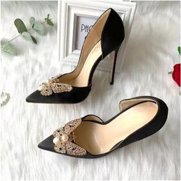 Satin de soie noir bouts pointus chaussures femmes mode diamant bouton papillon 12 cm chaussures à talons aiguilles sandales chaussures de robe de mariée pour femmes 8 cm
