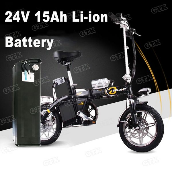 Batterie lithium-ion 24v, 15ah, boîtier en aluminium poisson argent noir, pour vélo électrique, scooter 350w 250w + chargeur 29.4v 2a