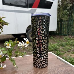 Vaso flaco de leopardo plateado negro Botella de agua delgada de 20 oz Almacén de GA Gran Vaso de regalo Vasos para agua fría y caliente DOMIL106-1175