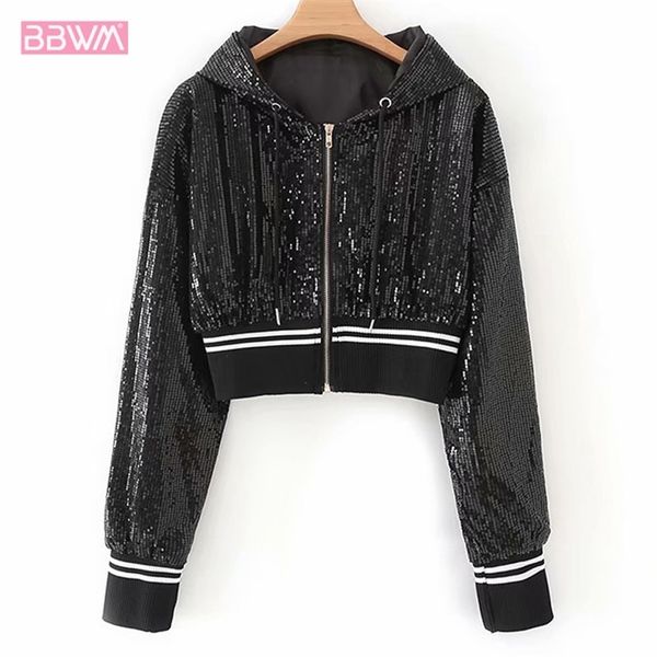 Noir argent veste femme automne crème solaire sport veste à capuche paillettes rose fermeture éclair douce manches longues manteau court femme 210507