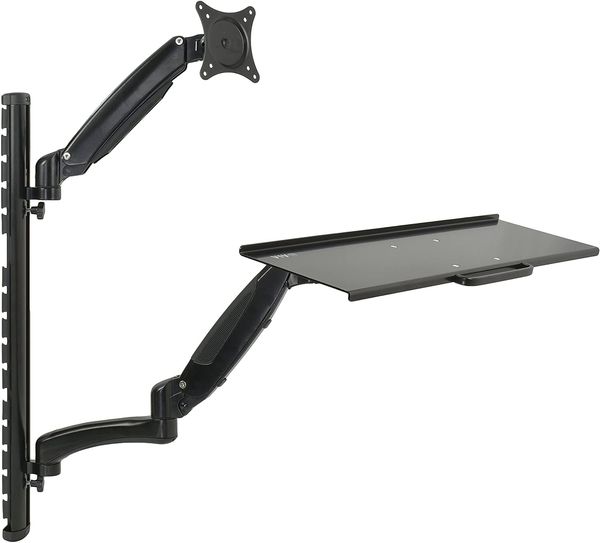 Negro Estación de trabajo para teclado y monitor de altura ajustable con contrapeso de montaje en pared para trabajar sentado o de pie para pantallas de hasta 27 pulgadas