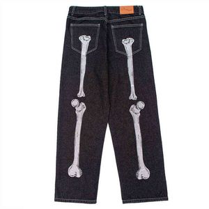 Zwarte skelet geborduurde jeans heren high street losse wijde pijpen broek mannelijke casual goth rechte broek Amerikaanse lage taille jeans T220803