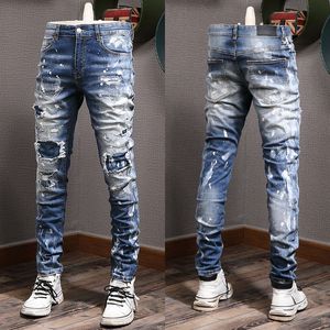 Détail de point peint Jeans Mens Distressed Vintage Slim Fit Leg Denim Pantalon Homme