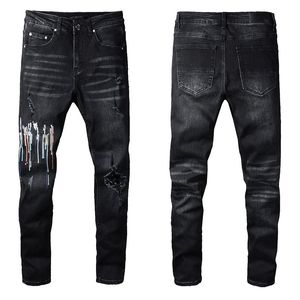 Jean skinny noir extensible pour motard pour hommes, genou mince déchiré avec trou pulvérisé sur lettre peinture homme pantalon Splash Designer en détresse coupe moteur longue fermeture éclair droite hip hop