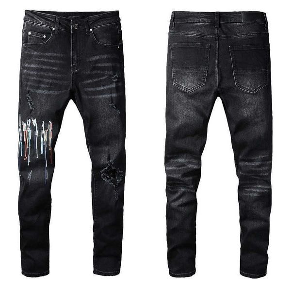 Jeans Skinny Noir Stretch Pour Hommes Biker Slim Genou Déchiré Avec Trou Pulvérisation Sur Lettre Peinture Homme Pantalon Splash Designer Distressed Motor Fit