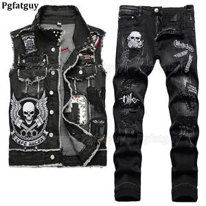 Zwarte schedel geborduurd 2 -delige heren sets mode slank denim vest en scheurde gat jeans twee stukken mannen casual pak streetwear 240507