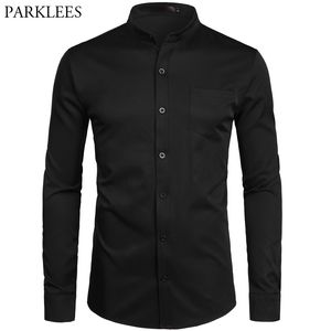 Camisa de vestir negra ajustada con cuello de banda para hombre, camisa de trabajo de manga larga para hombre, camisa de negocios informal con botones y bolsillo 210522