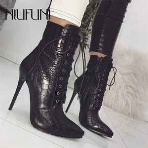 Noir Snakeskin Grain Cheville Strap Bottes Pour Femmes Stiletto Talons Hauts Bout Pointu Zip Dames Chaussures Sexy LaceUp Bottes Taille 3542 201102