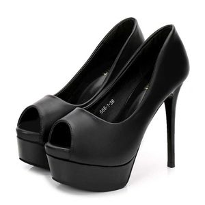 Zapatos de trabajo de cuero suave negro para mujer primavera otoño conciso Peep Toe plataforma tacones altos vestido de fiesta bombas de mujer poco profundas 14CM 230424