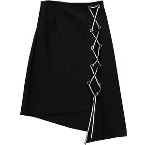 Zwart Effen Asymmetrisch Lace-up Een lijn Knielengte Midi Skirt Empire High Street S0076 210514