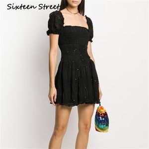 Zwart Solid Chiffon Jurken Vrouw Square Neck Short Puff Sleeve Sequin Embroidery Casual Mode Mini Dress Runway 210603