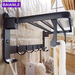 Zwarte ruimte aluminium wand gemonteerd opvouwbare badkamer handdoekrek houders douchedoek rek plank bar met haken T200915