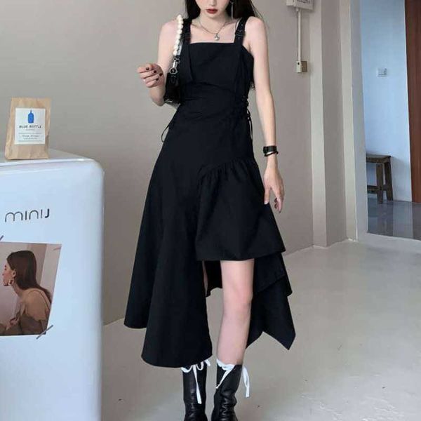 Vestido negro con tirantes finos gótico para mujer verano elegante Sexy fiesta Solio Irregular gótico largo estilo coreano ropa 210604