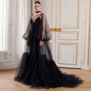 Robe de soirée noire à bretelles Spaghetti, avec Cape, Robe formelle perlée, manches moelleuses, longue traîne pour femmes