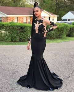 Zwarte spandex lange prom jurken scoop zeemeermin lange mouw prom jurken appliques backless vestidos de noite