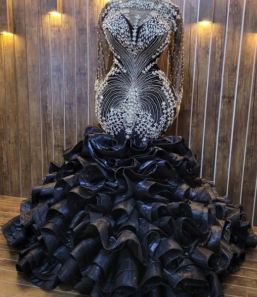 Vestidos de fiesta de sirena de cristal brillante negro Imagen real Volantes de manga larga Tren Árabe Aso Ebi Compromiso de noche Segundos vestidos Tallas grandes