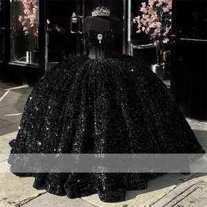 Zwarte sprankelende prinsesbaljurk Quinceanera 2024 Glitter pailletten Rhinestones kristallen Sweet 16 jurken Vestidos korset