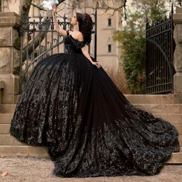 Robe De Quinceanera noire scintillante, épaules dénudées, en dentelle, avec des appliques de fleurs, douce, 16 robes De bal, 15 ans