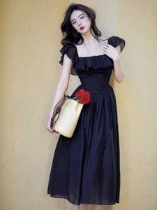 Zwart vierkante kraag ruches jurk vrouwen nieuwe Franse high-end slanke slanke elegante langvestidos de mujer elegantes para fiesta
