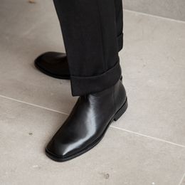 Demi-bottes noires à bout carré, bottines Chelse en cuir véritable faites à la main, chaussures occidentales