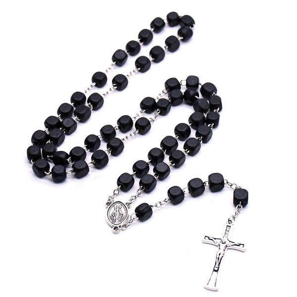 Collier chapelet du Christ carré en bois noir, Vintage, perles croisées, Long, bijoux de prière religieux, nouveau