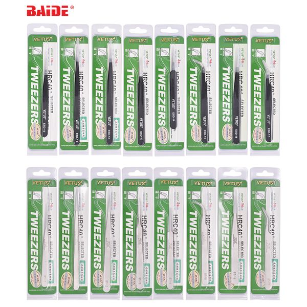 Pinzas VETUS de acero inoxidable negro, pinzas antiestáticas HRC40 no magnéticas ST ESD 10 11 12 13 14 15 16 17 para herramientas de reparación de pestañas y teléfonos 100