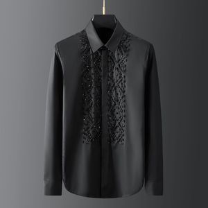 Camisa de hombre de metal geométrico con cuentas de piedra negra, camisa de manga larga ajustada para hombre, camisas de vestir de negocios de algodón de alta calidad para hombre