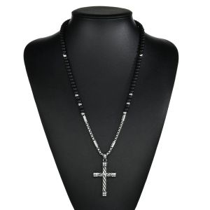 Collier avec pendentif croix en pierre noire pour hommes, chapelet en or blanc 14 carats, Crucifix catholique, chaîne cadeau