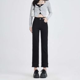 Zwart rechte poot jeans voor dames 2023 lente en herfst nieuwe gepersonaliseerde hoge taille slanke pasvorm en slanke bont rand negen puntschoorney broek