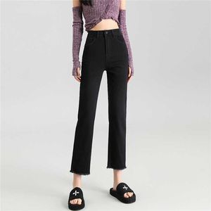 Zwart rechte been jeans voor dames herfst en winter pluche veelzijdige slanke broek met een hoge taille en een 9/8 korte harige rookpijp broek