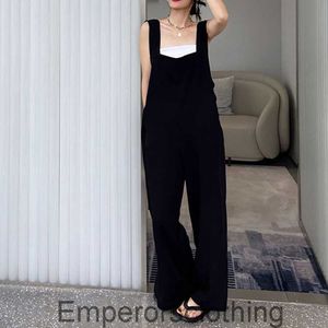 Zwarte rechte buis Suspenders dames zomer dunne stijl losse casual wide been suring jumpsuit hoge taille dunne veer en herfst