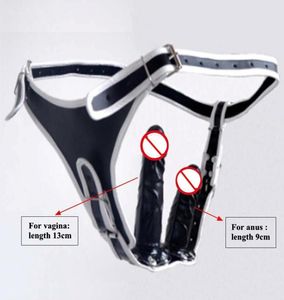 Sangle noire sur culotte gode avec 2 pièces godes en caoutchouc souple anal et vagin femme culotte réglable couleur rouge pantalon en cuir Shorts6400663