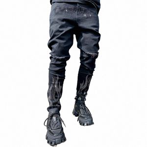Pantalones de lápiz de mezclilla elásticos negros Hombre Denim Street Punk Slim Fit Biker Pantalones 2021 Hombres Ripped Hot Drill Jeans Skinny Jeans K64P #
