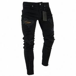Noir Stretch Skinny Fit Bottom Zipper Jeans Hommes Genou Ripped Distred Hole Biker Jeans Pantalon Hip Hop Street Grande Taille XXXL W9Do #