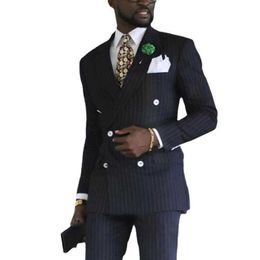 Traje de hombre de rayas negras Blazer de doble botonadura Últimos diseños de pantalones Slim Fit 2 piezas Esmoquin Trajes de fiesta de novio personalizados Ternos X0909