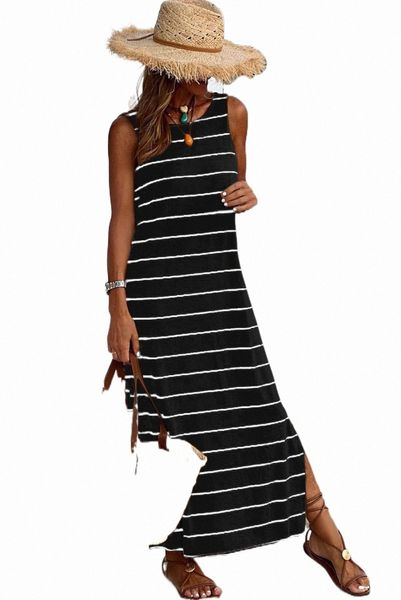 Robe longue sans manches à rayures noires avec dos ouvert et fentes G8zp #