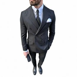 Noir rayé pour hommes 2 pièces formelle Busin messieurs mariage smoking décontracté Fi Peak revers costume masculin Slim Blazer + pantalon U1Me #