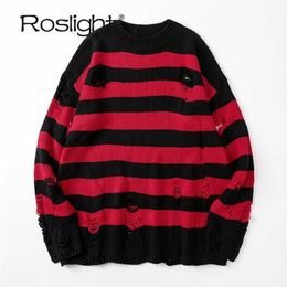 Zwart gestreepte trui geripte trui mannen pullover uitgehold gat gebreide jumpers punk unisex losse extra grote truien streetwear 211008