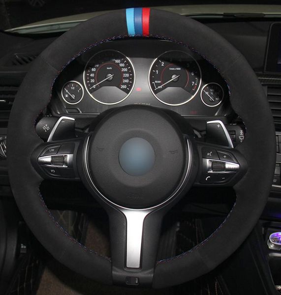 Cubierta de ante negro para volante, marcador azul claro, rojo, para BMW F87 M2 F80 M3 F82 M4 M5 F12 F13 M6 F85 X5 M F86 X6 M F33 F309625265