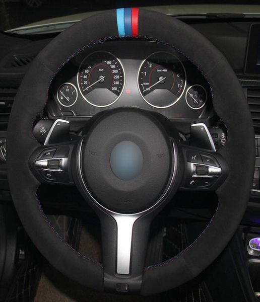 Cubierta de ante negro para volante, marcador azul claro, rojo, para BMW F87 M2 F80 M3 F82 M4 M5 F12 F13 M6 F85 X5 M F86 X6 M F33 F306573655