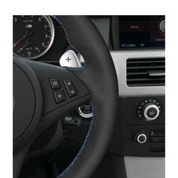 Housse de volant en daim noir avec marqueur bleu clair, pour BMW E60 E63 E64 Cabrio M6 2005 2006 2007 2008 2009 2010, accessoires Parts342S
