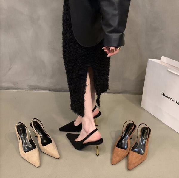 Sandales à talons hauts pointus en daim noir pour sandales de fête de mariage élégantes pour femmes pour chaussures simples de tempérament pour femmes de printemps et d'été