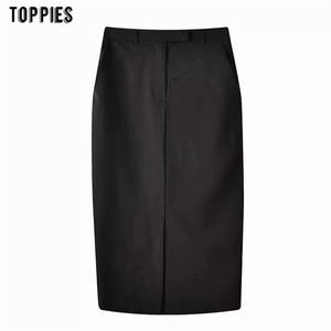 Zwart pak rokken vrouw hoge taille rechte midi lengte office dames formele kleding 210421