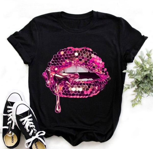 Camiseta negra para mujer, camiseta con estampado gráfico de labios brillantes rosas, camiseta Sexy de maquillaje lujoso para mujer, camiseta alta 2206231319676